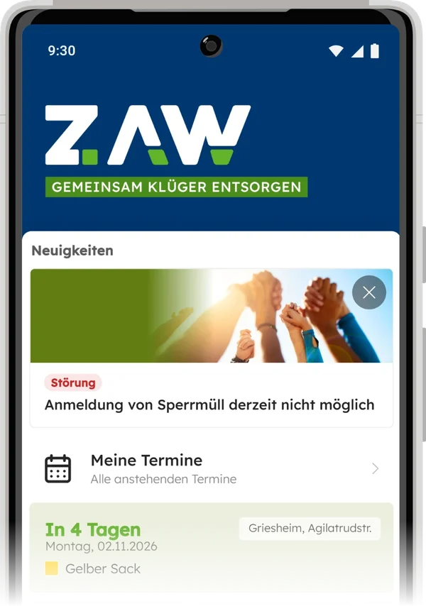 Startseite der ZAW-App mit einer Neuigkeit ganz oben: Bild, Kategorie „Störung“ und Überschrift, rechts oben ein Kreuz zum Ausblenden