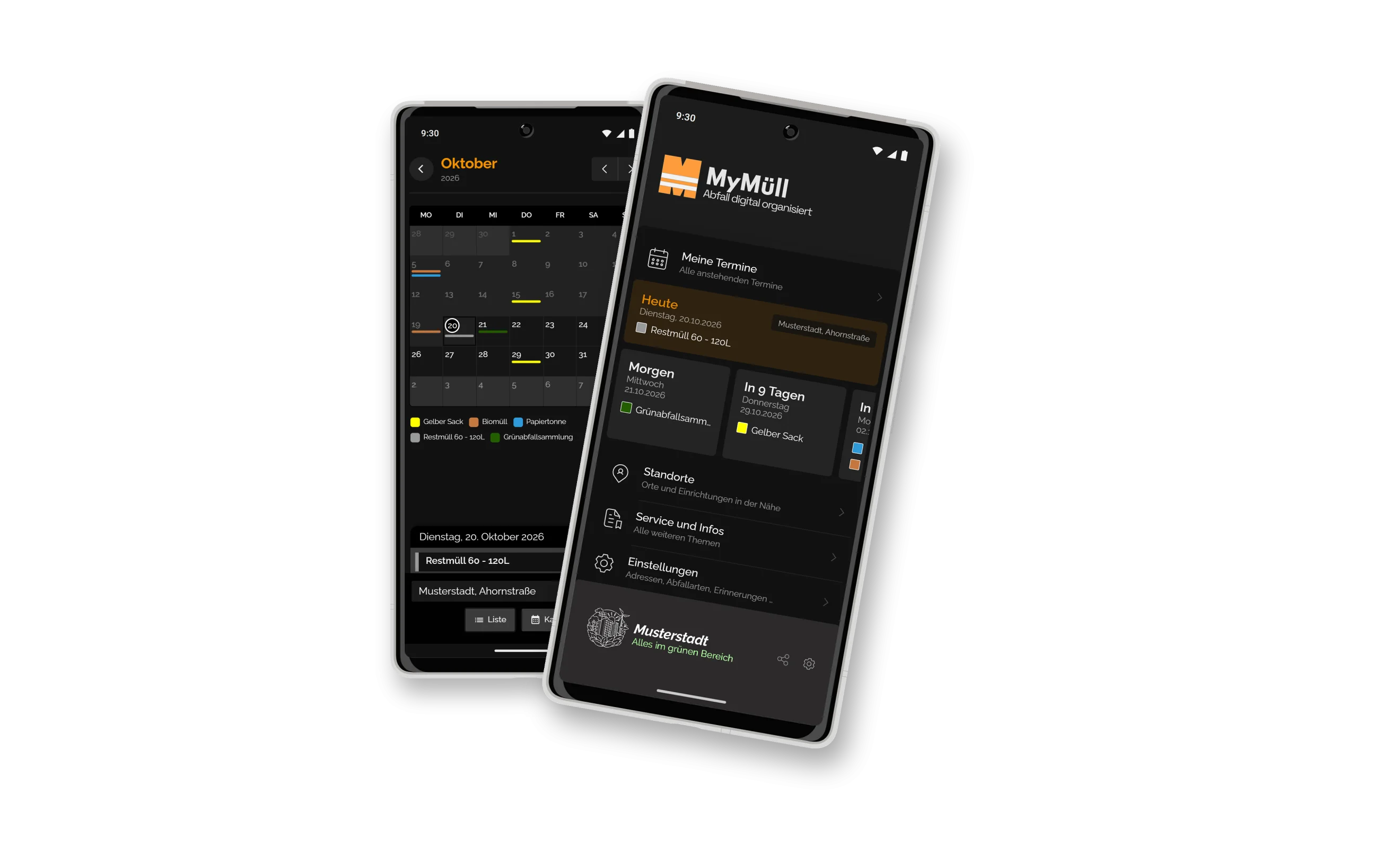 MyMüll.de App auf zwei Smartphones: Abfuhrkalender im Monat und Startseite mit den nächsten Terminen