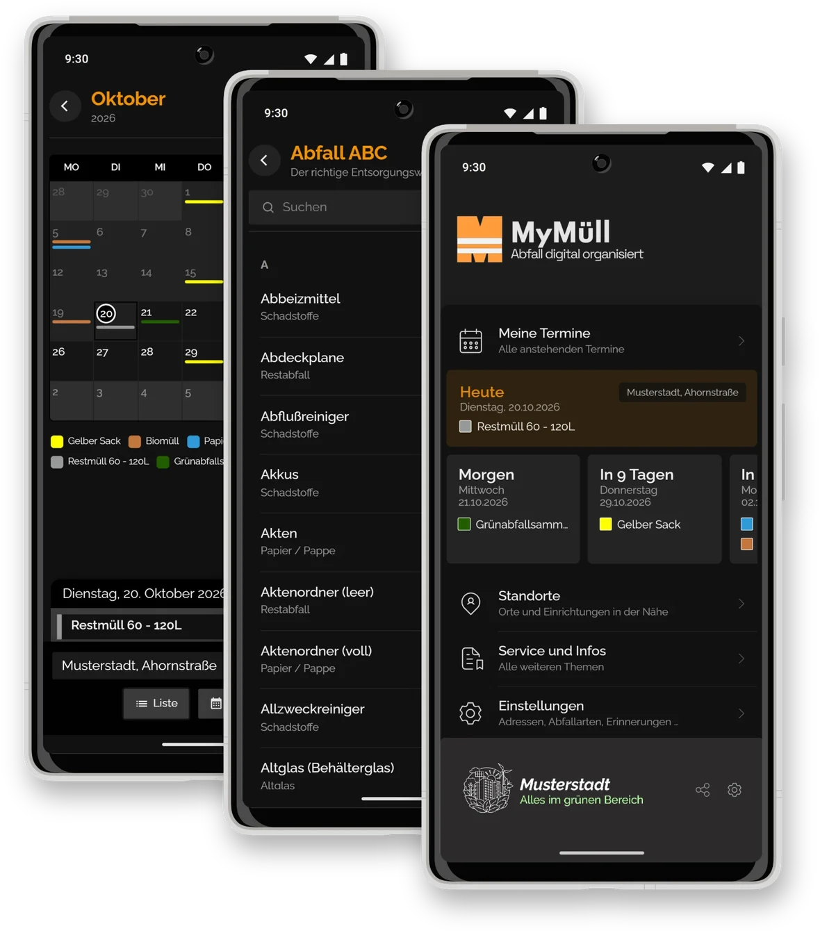 MyMüll.de App auf drei Smartphones: Abfuhrkalender, Abfall-ABC und Startbildschirm