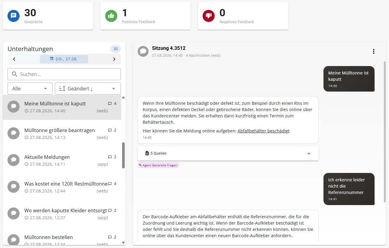 Portal mit der Zahl der Gespräche, der Liste der Unterhaltungen und einem geöffneten Verlauf
