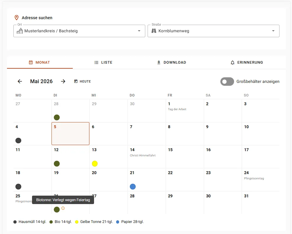 Abfuhrkalender in der Monatsansicht mit Tonnen-Icons, Feiertagen und Kalenderwoche