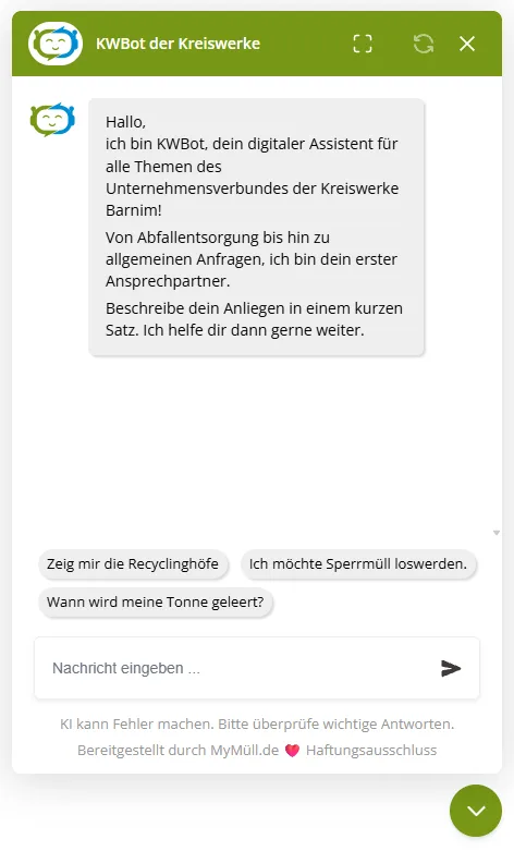 Chatfenster KWBot der Kreiswerke Barnim
