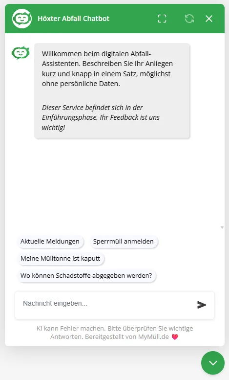 Chatfenster Höxter Abfall Chatbot der Kreis Höxter