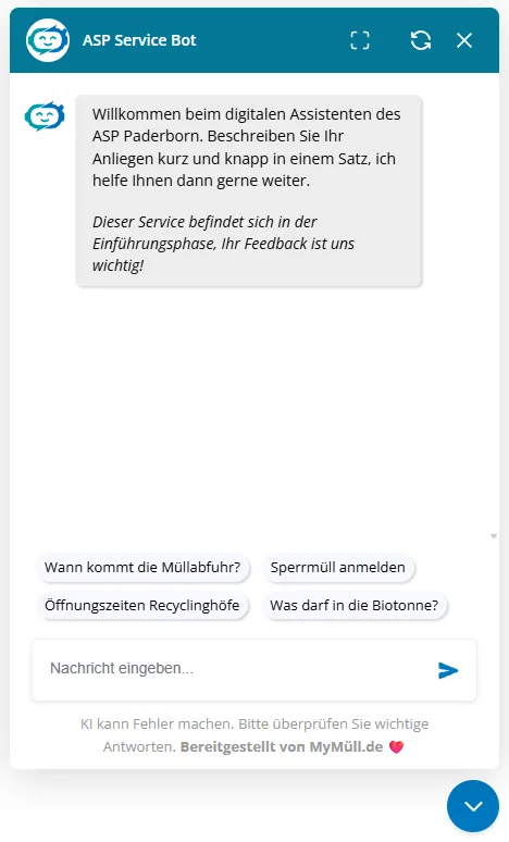 Chatfenster ASP Service Bot der ASP Paderborn