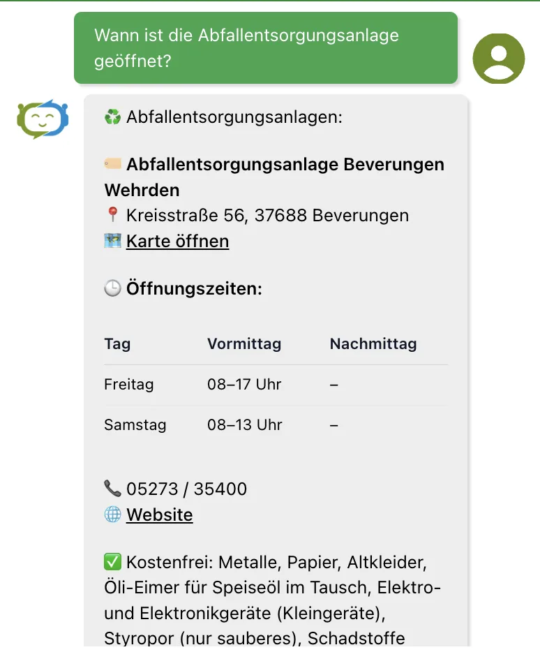 Gesprächsverlauf: Standorte und Öffnungszeiten