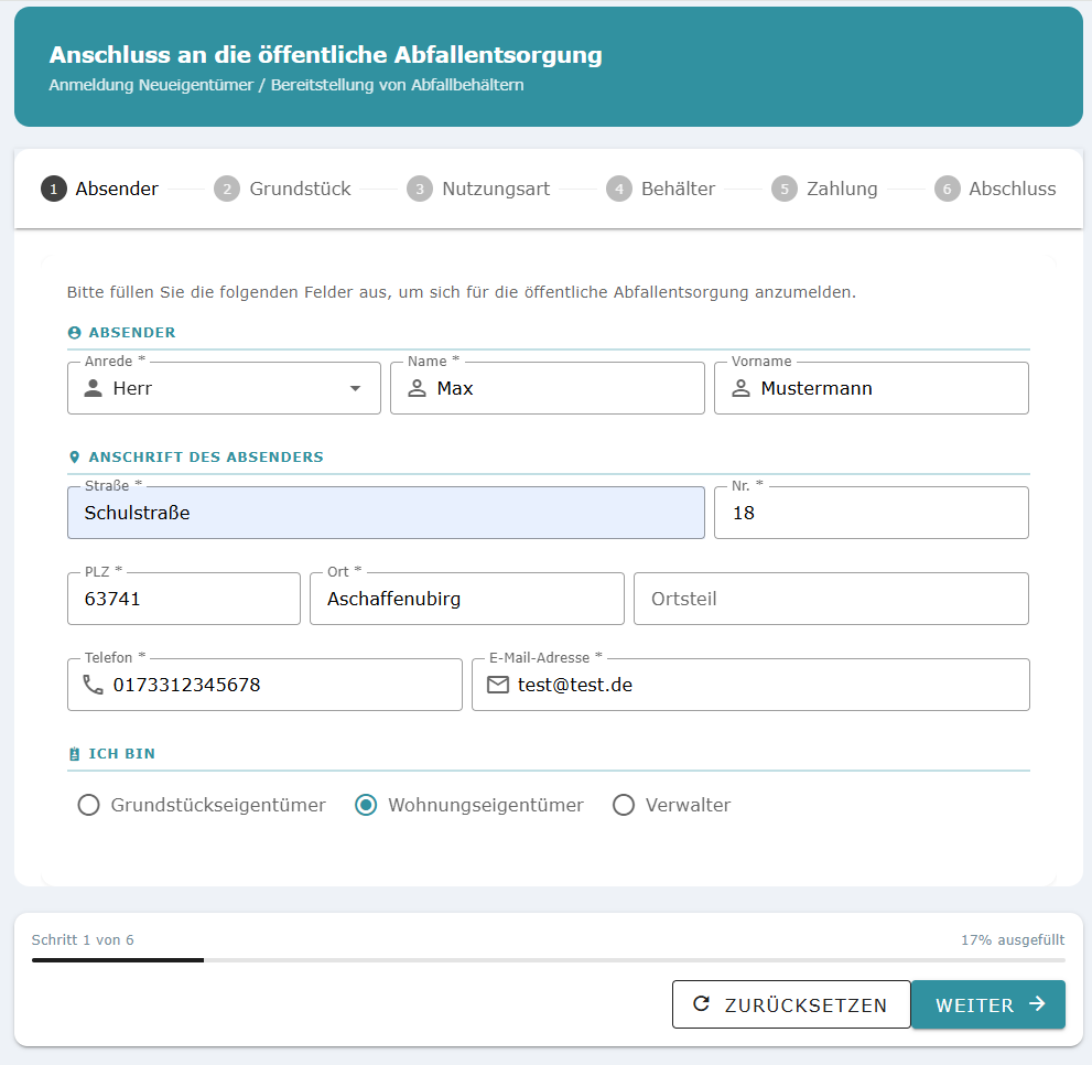 Multi-Step-Formular mit SEPA und Behälter-Auswahl