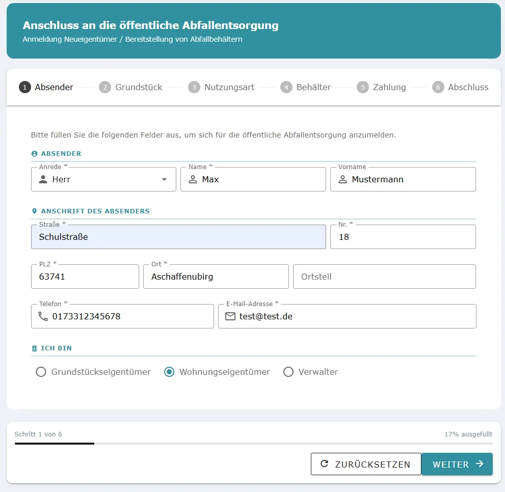 Multi-Step-Formular mit SEPA und Behälter-Auswahl