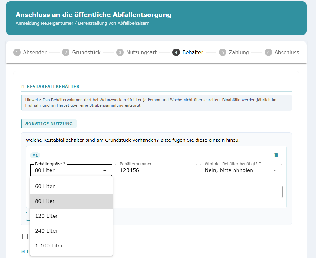 Behälter-Auswahl mit Größen-Dropdown und Behälternummer