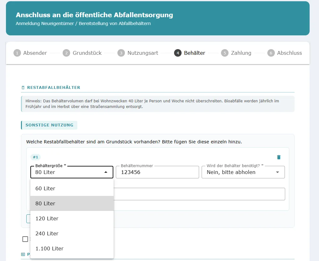 Behälterauswahl mit Tonnengrößen und Behälternummer