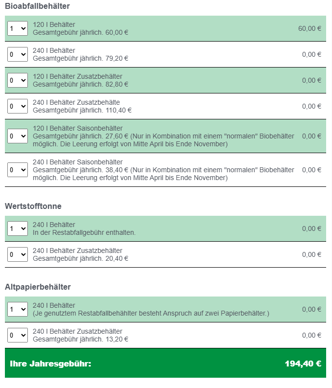 Gebührenrechner mit Behälter-Größen, Zusatz- und Saisonbehältern, Jahres-Gesamtbetrag
