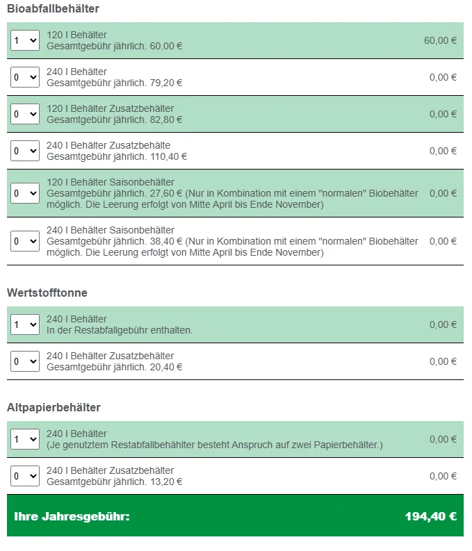 Gebührenrechner mit Behälter-Größen, Zusatz- und Saisonbehältern, Jahres-Gesamtbetrag