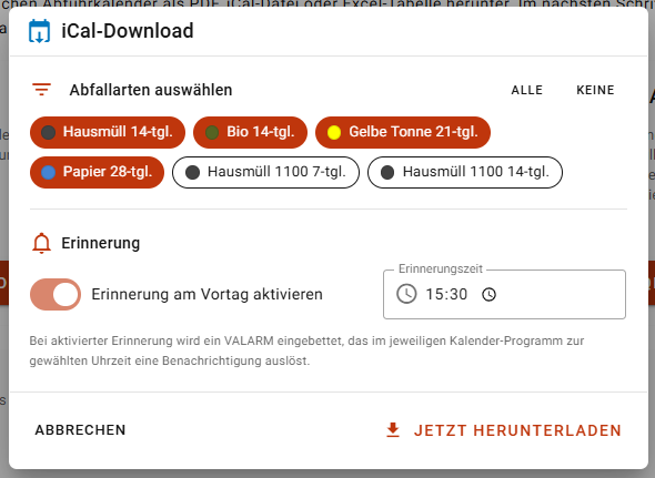iCal-Download-Dialog mit Tonnen-Auswahl und Erinnerungszeit