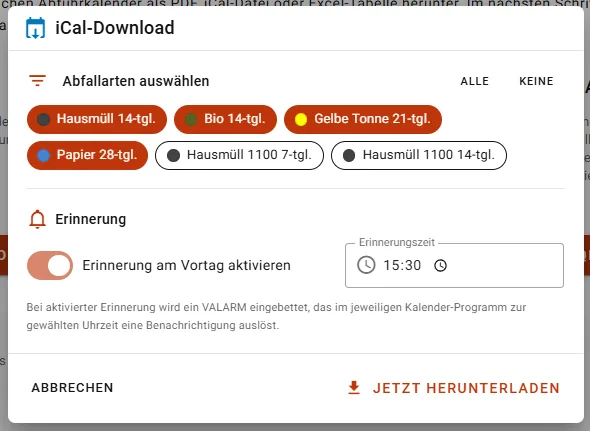 iCal-Download-Dialog mit Tonnen-Auswahl und Erinnerungszeit