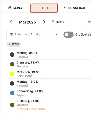 Listenansicht des Abfuhrkalenders