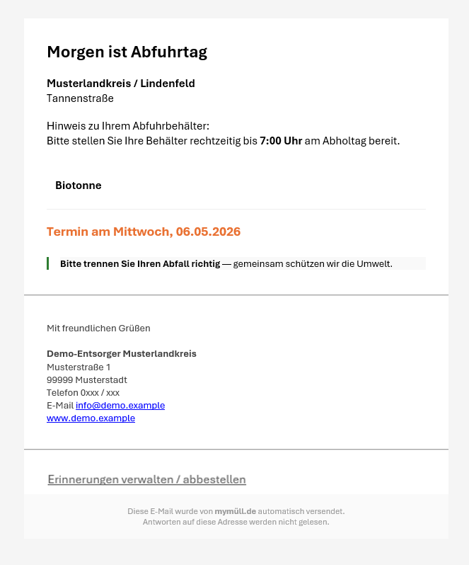Beispiel-Reminder-Mail mit Adresse, Hinweis, Tonnen und Signatur