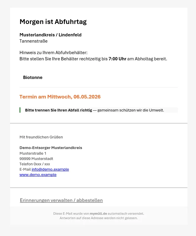 Beispiel-Reminder-Mail mit Adresse, Hinweis, Tonnen und Signatur