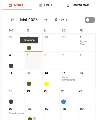 Monatsansicht des Abfuhrkalenders