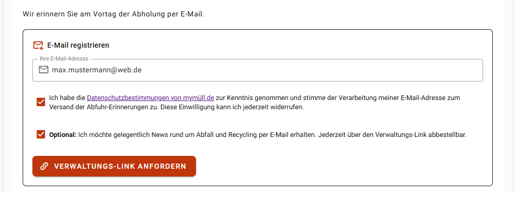 E-Mail-Registrierung im Erinnerungs-Tab des Kalenders