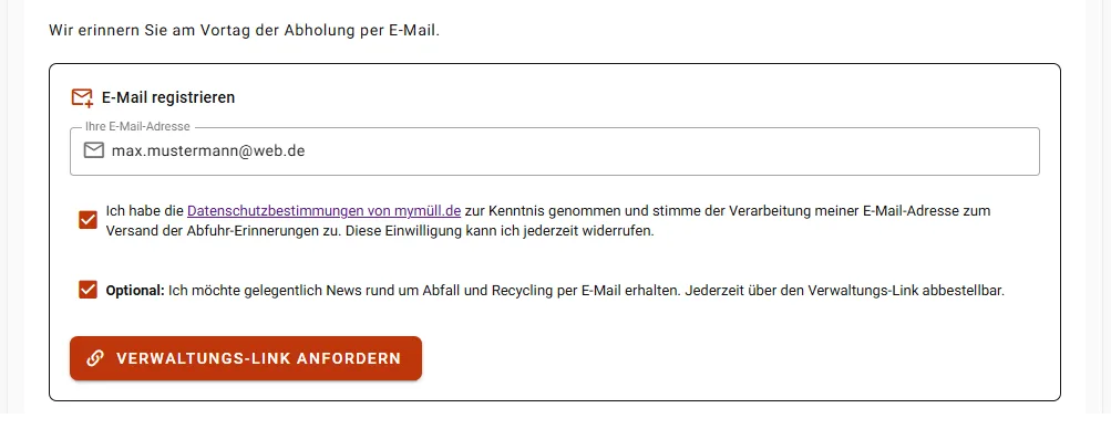 E-Mail-Registrierung im Erinnerungs-Tab des Kalenders