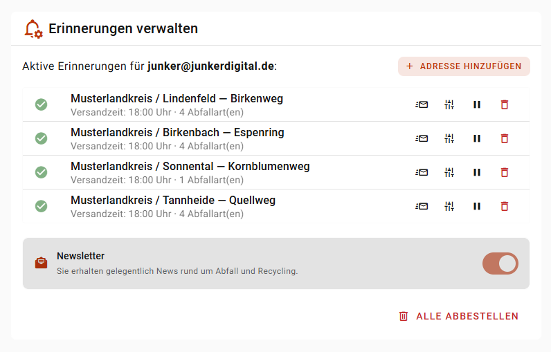 Reminder-Verwaltungs-Übersicht mit aktiven Erinnerungen
