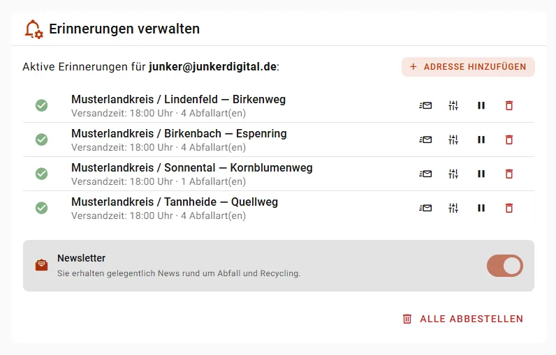 Reminder-Verwaltungs-&Uuml;bersicht mit aktiven Erinnerungen