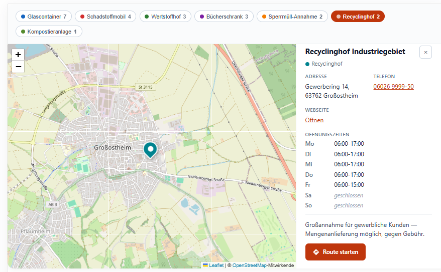 Standortkarte auf OpenStreetMap mit Markern und Liste