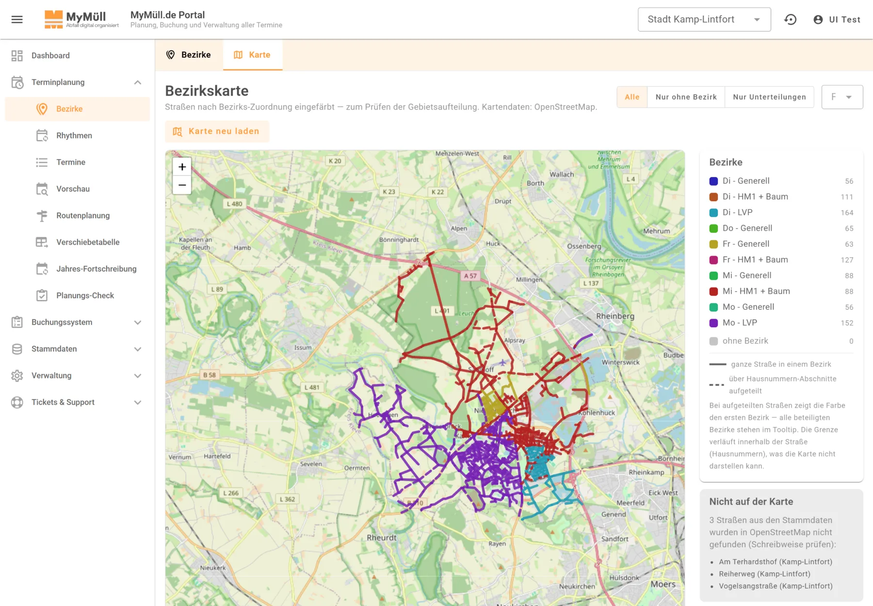 Bezirkskarte auf OpenStreetMap mit farbig nach Bezirk eingefärbten Straßen