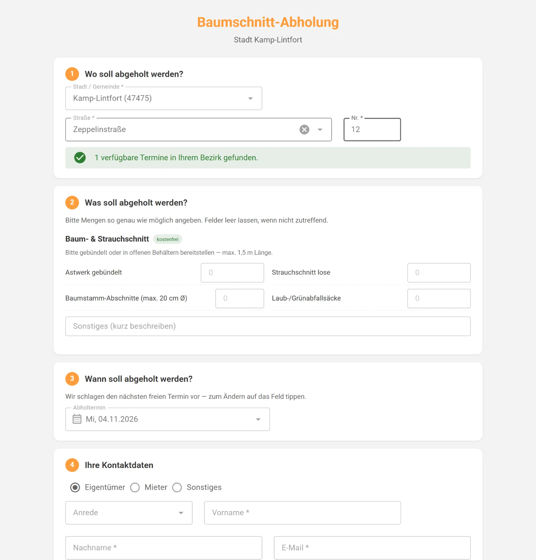 Bürgerformular für die Baumschnitt-Abholung mit Adresse, Mengenangaben, Terminvorschlag und Kontaktdaten