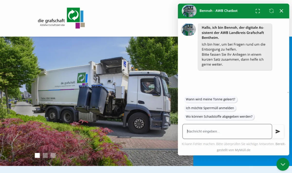 Meldung des AWB Grafschaft Bentheim zum Start des Chatbots Bennoh, mit dem Chatfenster
