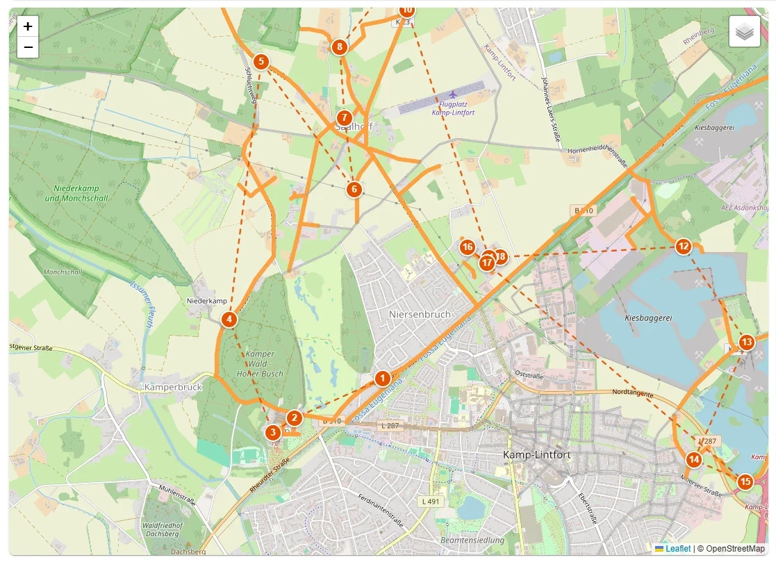 Karte von Kamp-Lintfort mit einer geplanten Abholtour und 18 nummerierten Haltepunkten