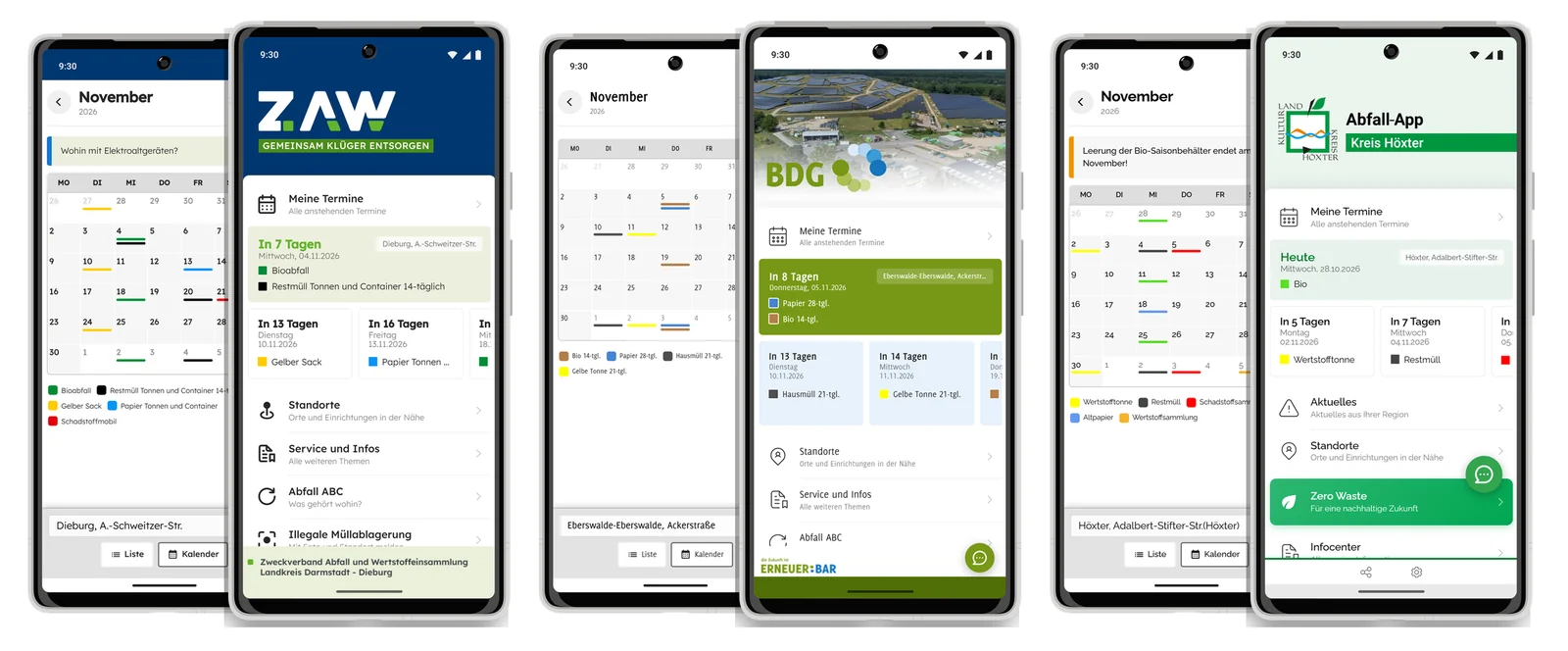 Die neue Version der Abfall-Apps von ZAW, BDG und Kreis Höxter: jeweils Abfuhrkalender mit farbigen Markierungen und Startseite mit den nächsten Abfuhrterminen